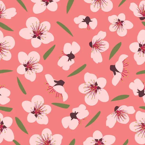 Vector illustration of Seamless pattern of blooming pink flowers and green leaves. Vector illustration