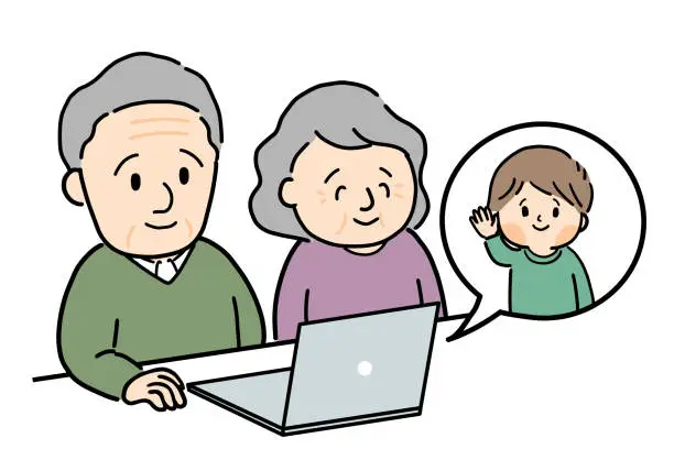 Vector illustration of Senior couple talking remotely with their boy grandchild