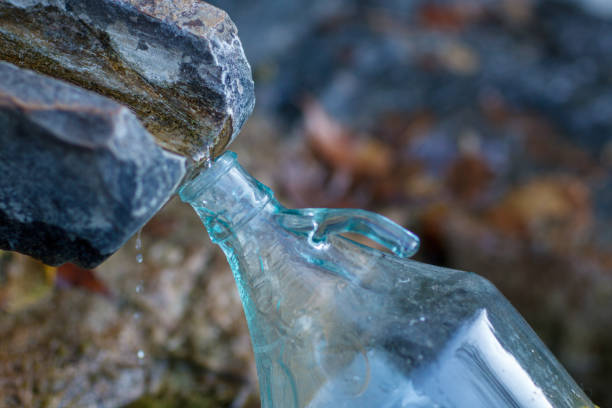 a glass re usable 5 liter bottle collecting spring untreated river mineral water from source in the mountain for human consumption