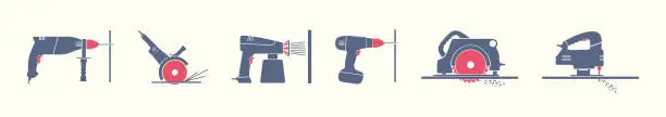 Vector illustration of Construction tools. Hand power electric tools. Set tools for wood, metal, stone.