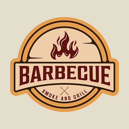 barbecue logo emblem vector illustration template icon graphic design. BBQ grill with flame sign or symbol for food restaurant steak house with retro badge label typography style