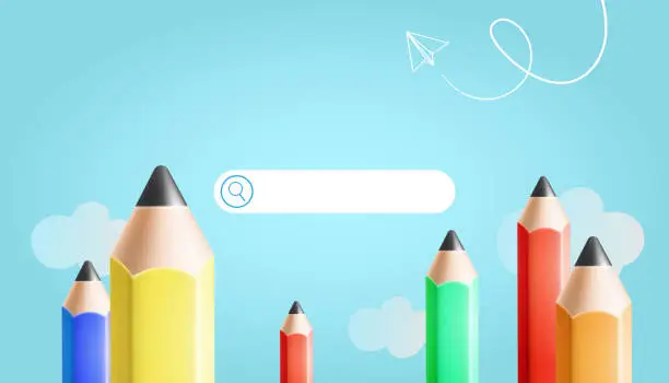 Vector illustration of Search bar with colorful pencils, white cloud on blue background. Online education concept, vector illustration