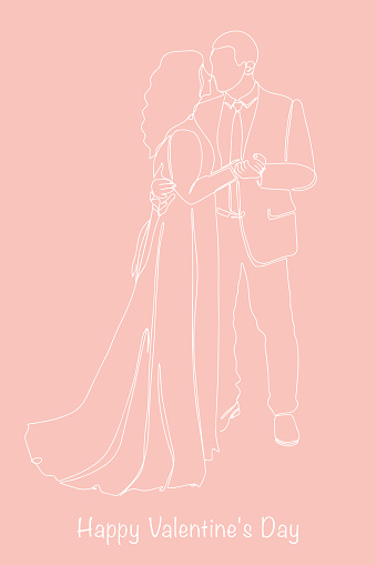 Postcard Happy Valentine's Day. Continuous line drawing of couples who love each other hold hands. Vector illustration.