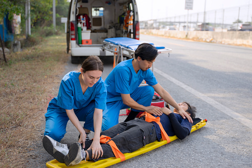 Health care workers safe people on street. Accident and health care concept.