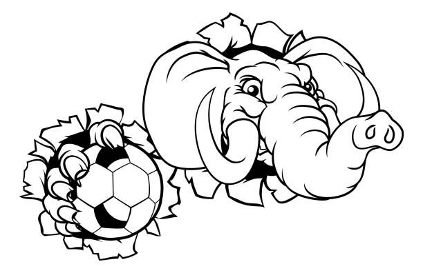 Elephant Soccer Football Ball Sports Animal Mascot An elephant soccer football sports animal mascot holding a ball and breaking through the background republican elephant logo stock illustrations