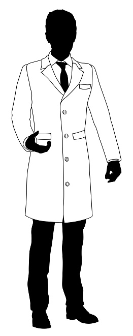 Silhouette person scientist, engineer or professor man in a lab coat. Could also be a chemist, science teacher or a pharmacist.