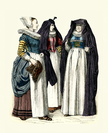 Vintage illustration History Womens fashions 17th Century, Cologne, Maiden, Citizens wife, Matron, Apron, Skirt, Neck Ruff, Black Headdress