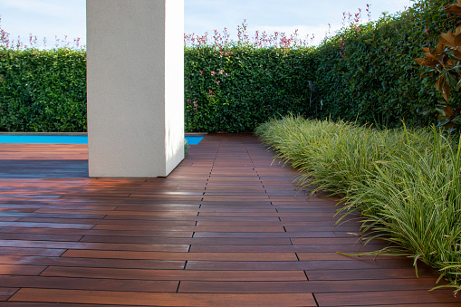 Hardwood deck with evergreen fence and pool, exotic wood terrace decking idea