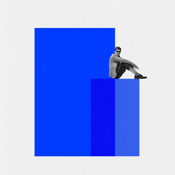 Modern aesthetic artwork. Man in monochrome filter sitting on edge of blue bar graph, representing growth or progress. Concept of multimedia, digital reality, process, technology, future. Ad