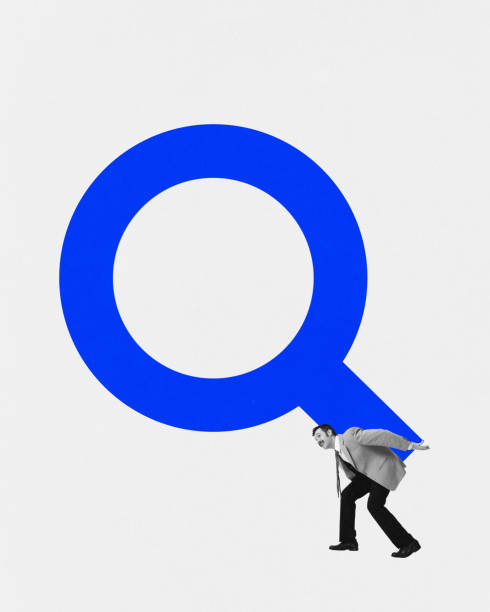 Modern aesthetic artwork. Diligent search. Young man in formal suit carrying on back huge blue magnifying glass against white background.