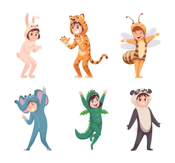 Vector illustration of Animal costumes. Kids party with carnival funny costumes exact vector children outfit