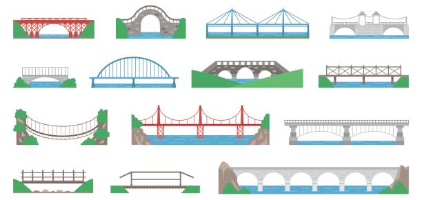 istock Flat bridges design. Urban bridge, city or village passages with simple nature elements. Transportation architecture, landmarks decent vector set 1977322328