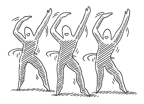 Hand-drawn vector drawing of a Choreography with Three Dancing Women. Black-and-White sketch on a transparent background (.eps-file). Included files are EPS (v10) and Hi-Res JPG.