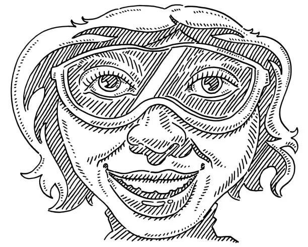 Vector illustration of Teenager Portrait Ski Goggles Fish Eye View Drawing