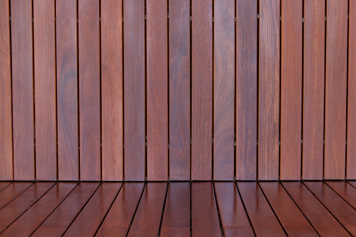 Wood interior wall cladding and floor, freshly oiled luxurious hardwood siding