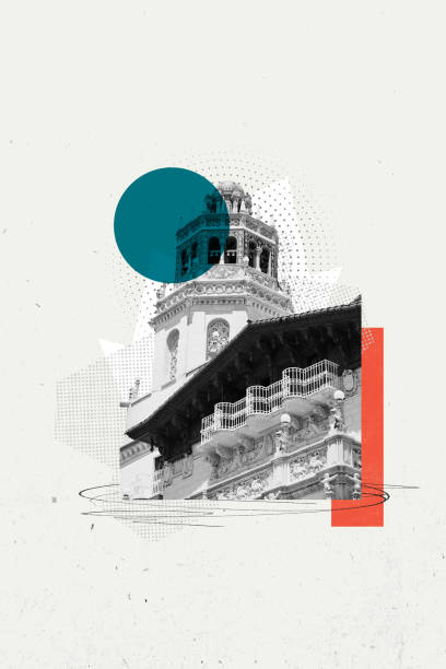 istock Modern aesthetic artwork. Ornate historical tower with baroque elements against background with modern graphic design. 1977349851