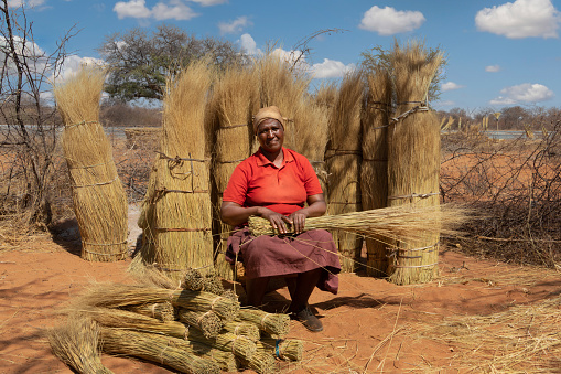 thatch work , portrait of a village african woman , making bundles to sell on the side of the road, street vendor