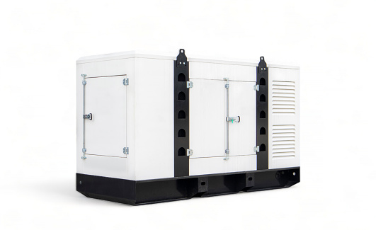 Mobile and standby industrial white auxiliary diesel generator for emergency power supply isolated on a white background. Generator backup power. For emergency use of electricity