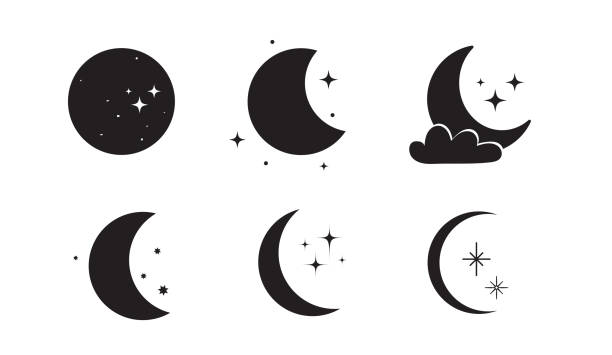 ilustraciones, imágenes clip art, dibujos animados e iconos de stock de icono de luna aislado sobre fondo blanco. conjunto de iconos nocturnos. estrella en el cielo. ilustración vectorial. - luna