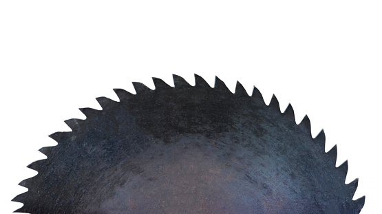 Wood cutting wheel isolated on a white background. A replaceable element of a woodworking machine that has a specific tooth configuration. Saw blades. Iron circular saw blade for wood