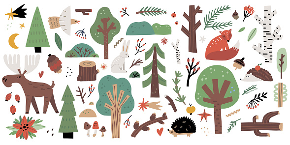 Forest animals. Hand drawn cartoon scandinavian style set, cute scandi elk and fox, bird and hare. Little hedgehog and owl. Doodle print for t-shirt and nursery. Woodland vector isolated illustration