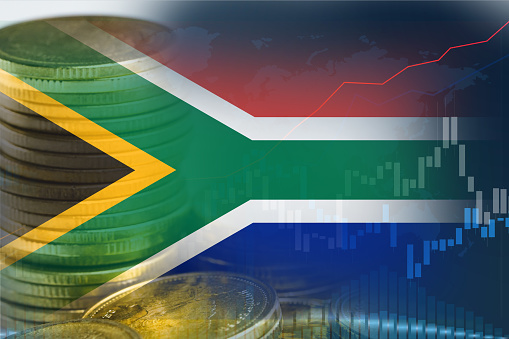 Stock market investment trading financial, coin and South Africa flag , finance business trend data.