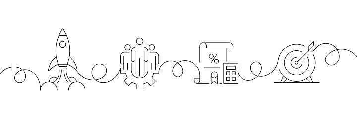 Continuous One Line Drawing Business Icons Concept. Single Line Vector Illustration. Start Up, Teamwork, Target, Budget