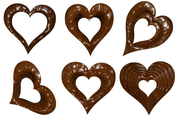 A collection of different shapes of chocolate hearts isolated on a white background