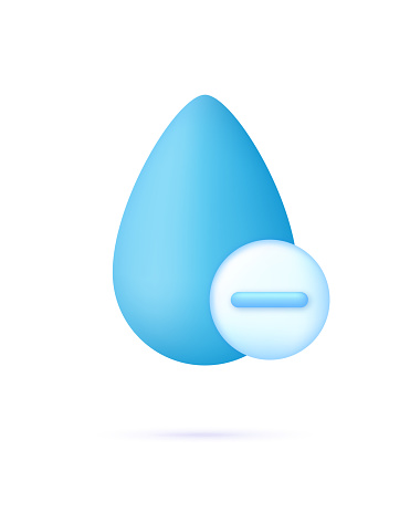 3D Drop water and minus icon. Concept of Water Reduction, Lower Water. Trendy and modern vector in 3d style