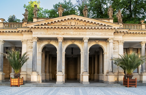 Outdoor, public Neo-Renaissance structure called Mill Colonnade supported by 124 columns and dates back to 19th century