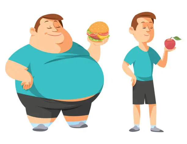Vector illustration of Before And After Weight Loss. Full Length, Isolated On Solid Color Background.