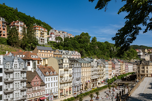 Rooftop view of historic centre of famous spa town Karlovy Vary, Czech Republic