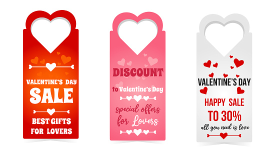 Valentine's Day Sale labels white isolated background. Valentine's Day discount set