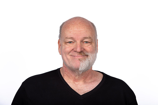 Smiling Middle-Aged Man with Unique Half-Face Beard in Black T-Shirt, Weird Beard