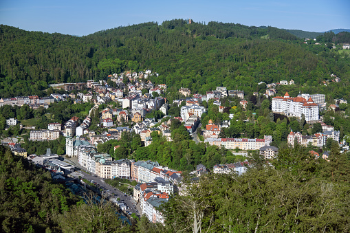 Aerial view of beautiful cityscape with nature of Karlovy Vary, Czech Republic