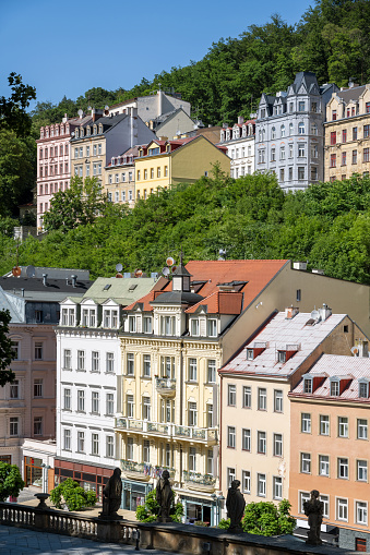 Rooftop view of historic centre of famous spa town Karlovy Vary, Czech Republic
