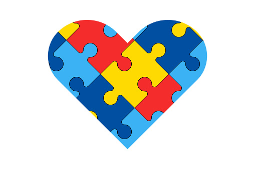 Puzzle heart isolated vector illustration. World Autism Awareness Day concept. Blu, red, yellow. Design element for card, border, banners, posters, printed products, cards, flyers, patterns, covers.