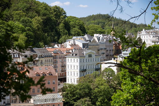 Rooftop view of historic centre of famous spa town Karlovy Vary, Czech Republic