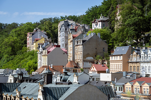 Rooftop view of historic centre of famous spa town Karlovy Vary, Czech Republic