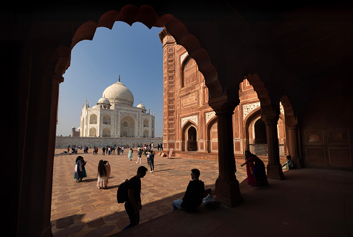 Taj Mahal,Agra,India-December 10 2023 : Taj Mahal in the beautiful morning sunrise ,Taj Mahal is the jewel of Muslims art in India and one of the universally admired masterpieces of the world's Heritage