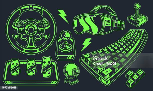 Drawn Gaming Set Using Computer Graphics Gaming Devices Set Emblem Green Stock Illustration - Download Image Now ...
