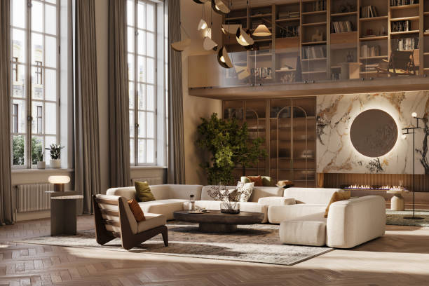 istock 3D rendering of large living room with study on loft 1977465032
