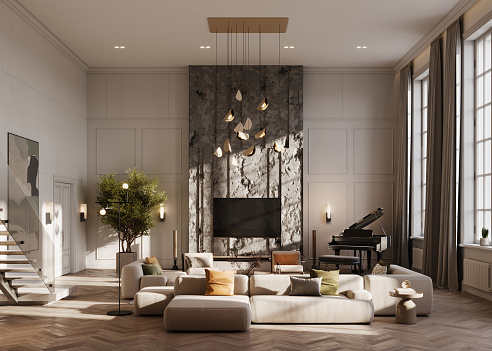Digitally generated image of a living room interior. 3d render of well-furnished living room with cozy sofa set and television and pendant lights from the ceiling..