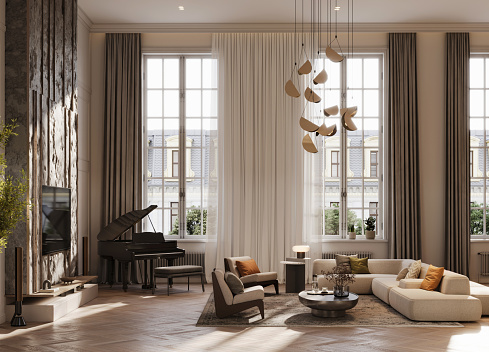 Large luxury modern interiors of a living room. 3D rendering computer digitally generated image of a spacious home with sofa set, piano and large curtained windows.