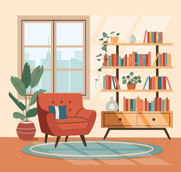 ilustraciones, imágenes clip art, dibujos animados e iconos de stock de interior de la sala de estar. cómoda silla, ventana, librería y plantas de interior. ilustración de dibujos animados planos vectoriales - estante mueble