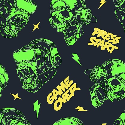 Cyber sports green seamless pattern with screaming monkey heads and skulls with video game headset in VR metaverse vector illustration