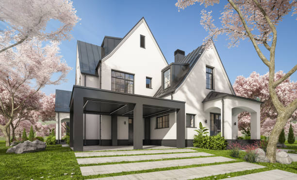 istock 3d rendering of new concrete house in modern style in spring day 1977475322