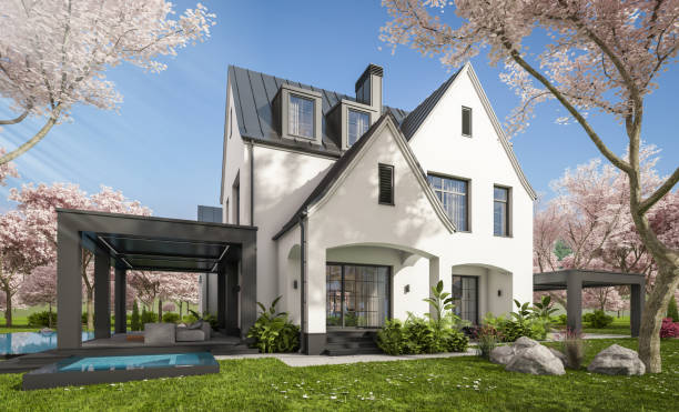 istock 3d rendering of new concrete house in modern style in spring day 1977475330