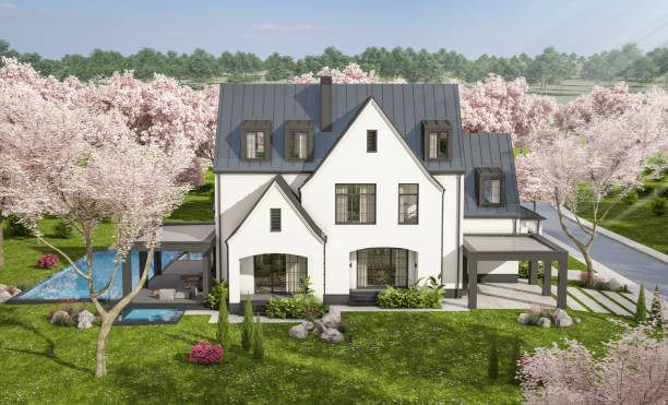 istock 3d rendering of new concrete house in modern style in spring day 1977475331