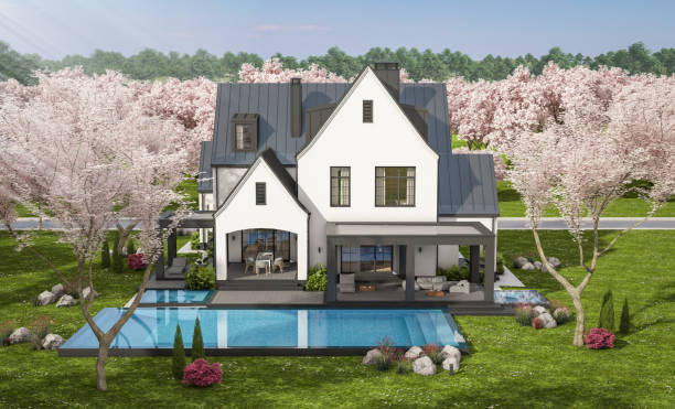 istock 3d rendering of new concrete house in modern style in spring day 1977475350